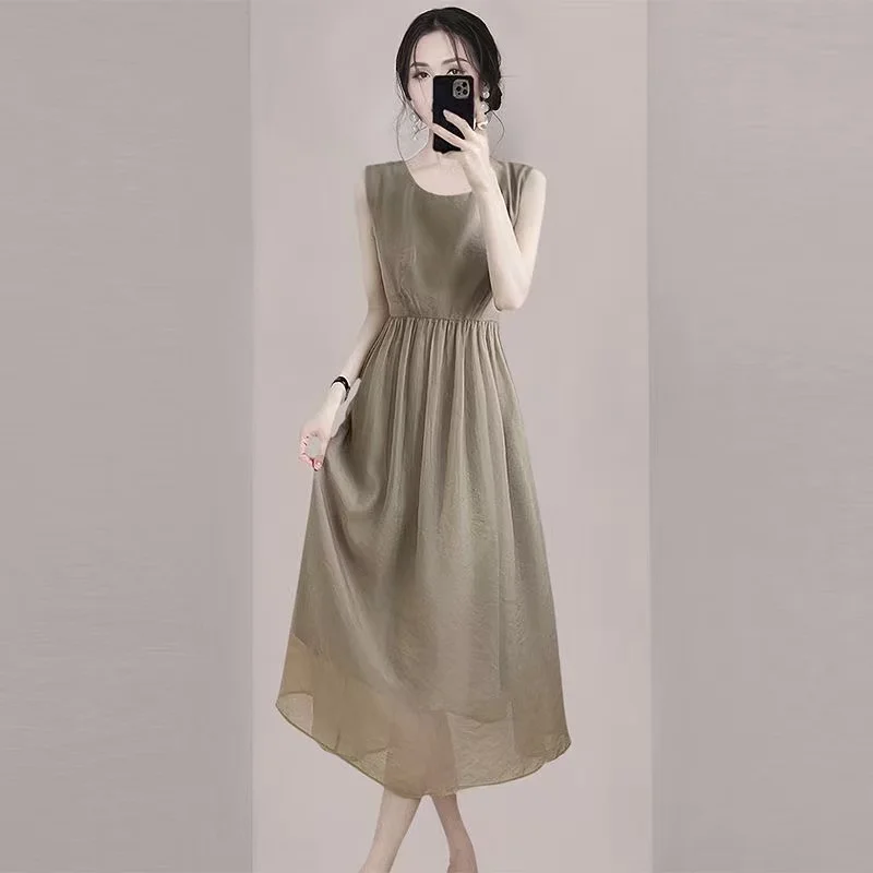 Französisches High-End-Temperament, ärmelloses mittellanges Kleid für Damen, Sommer, neues O-Ausschnitt, schmale Passform, sanfter Stil, lässiges A-Linien-Kleid