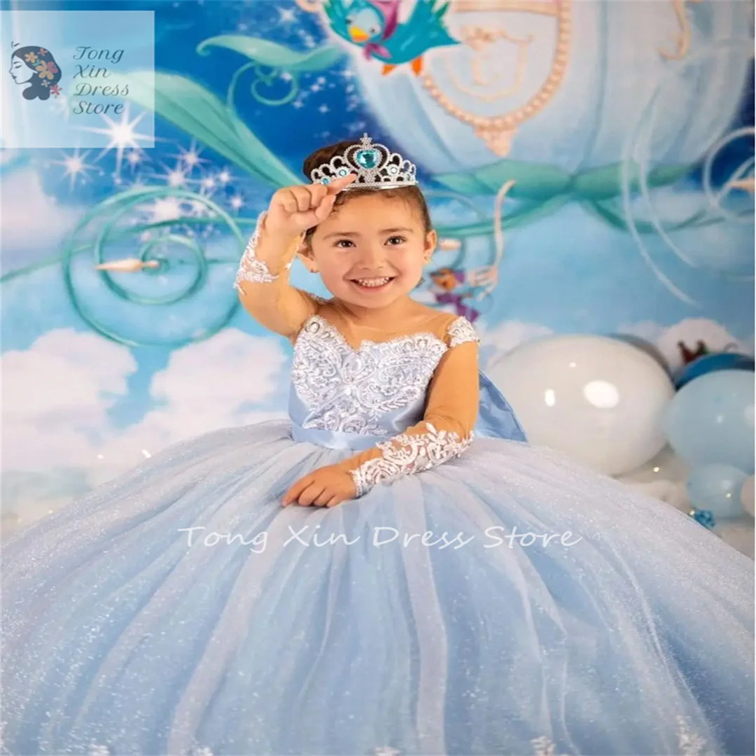 

Princess Blue Flower Girl Dresses With Big Bow Sash A Line Crew Neck Sheer Long Sleeves Appliques Sequins Long Toddler Teens Pag