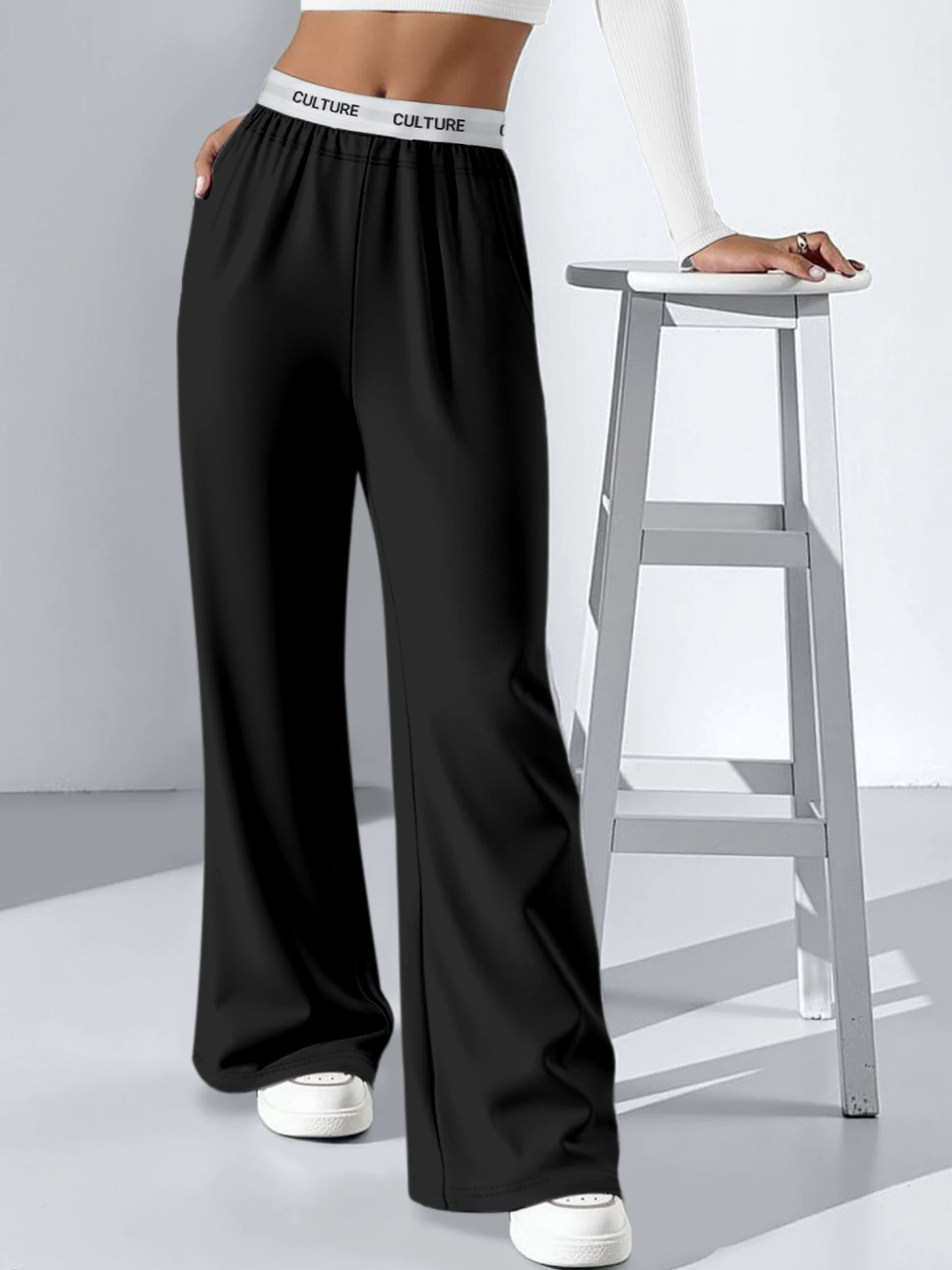 بنطال نسائي عصري واسع الساق "CULTURE" بحزام خصر ناعم وفضفاض مناسب #1