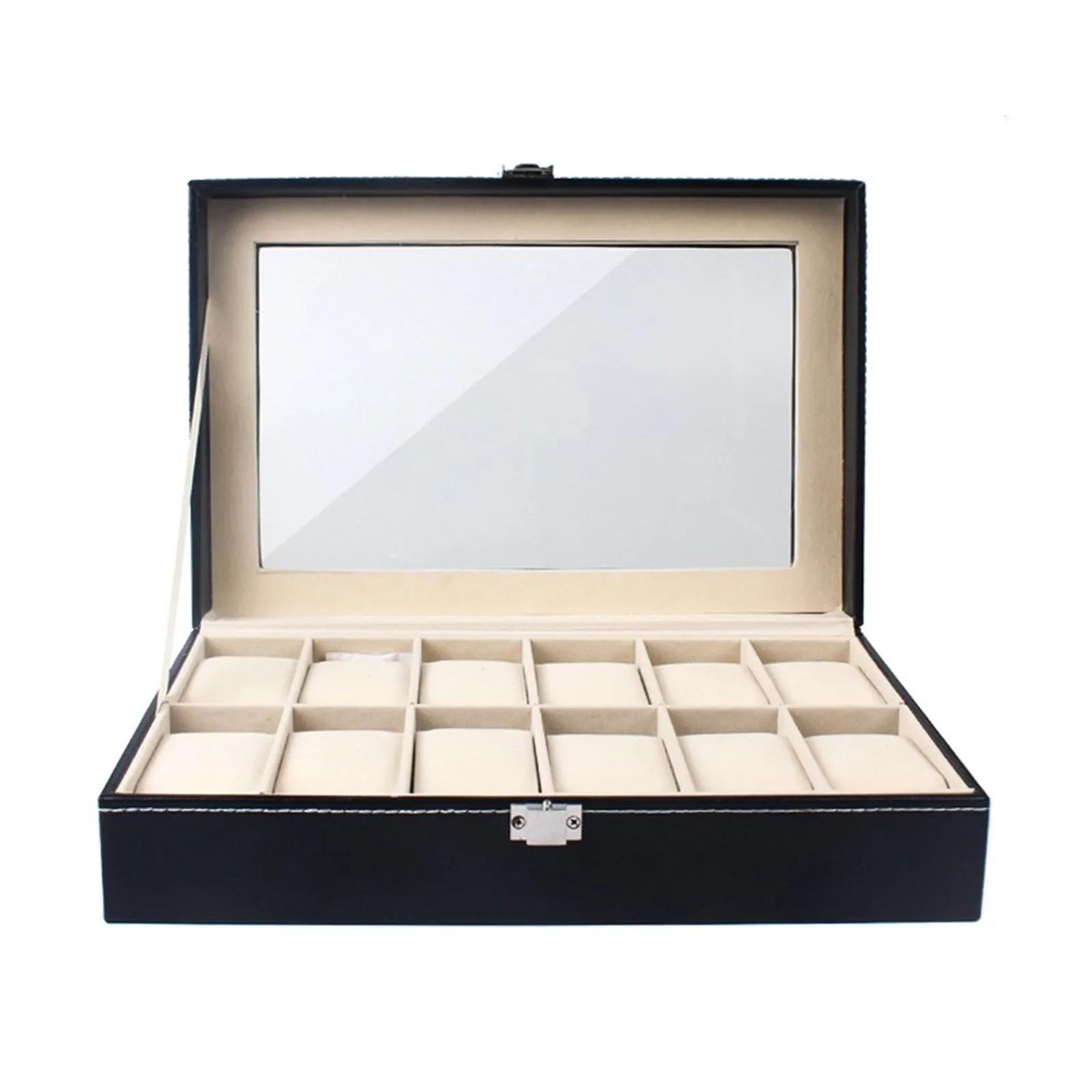 

12-Grids Pu Leather Watch Case with Velvet Lining and Lockable Flip Cover, Men's Luxury Black Watch Display Box