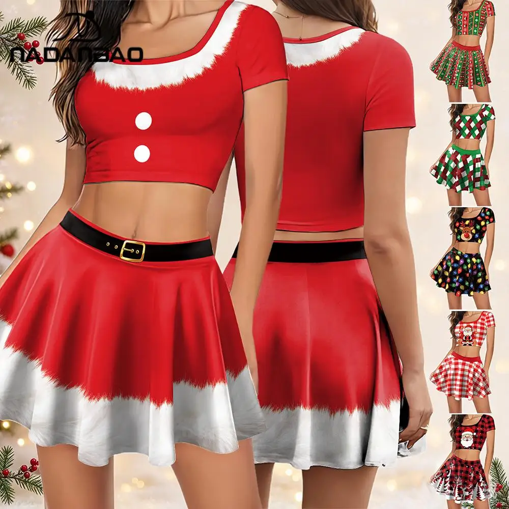 Nadanbao Xmas Santa Claus Print 2-Piece Skirt Set Short Sleeve Crop Top Sexy Women Short Skirt Christmas Party Red White Outfit