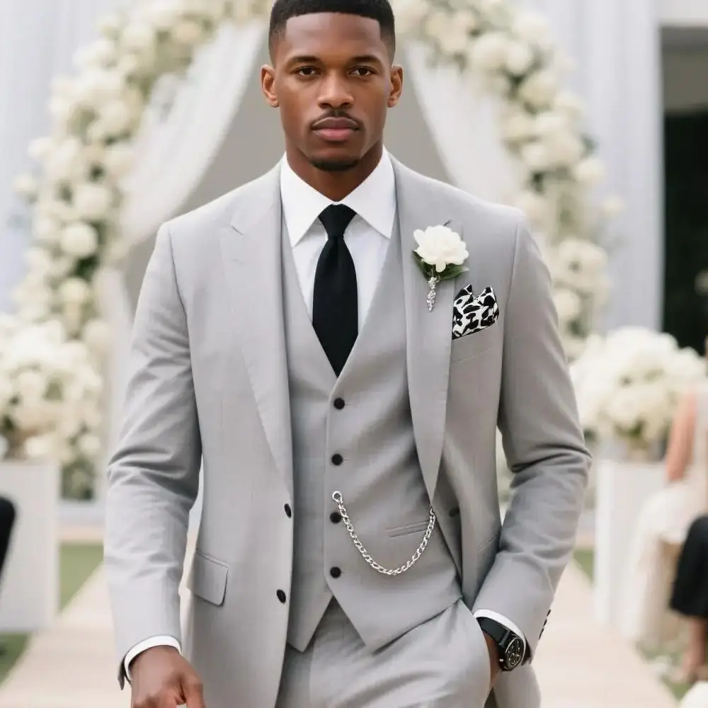 

Ternos chiques azuis masculinos, jaqueta de 3 peças, calça, colete, peito único, lapela de entalhe, blazer slim fit, alta qualid