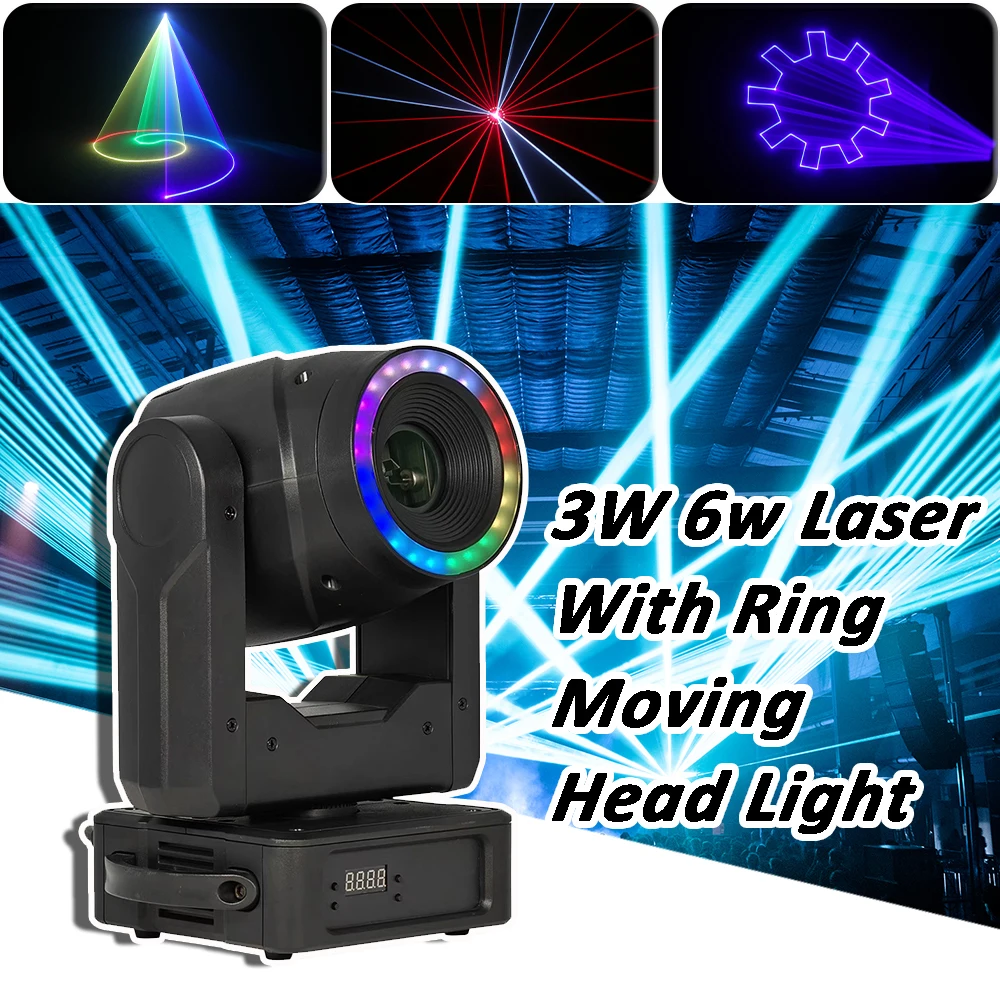 

YUER 3W 6W RGB Laser Moving Head Light With LED Ring APP Control Beam Scanner Animation For DJ Disco Nightclub Wedding DMX512