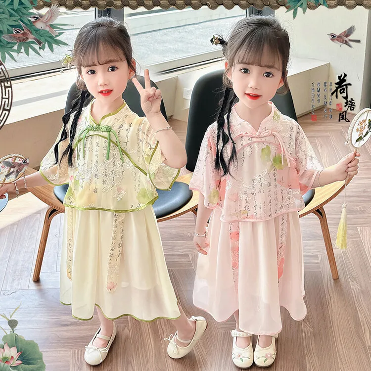 

Hanfu Girls Summer Children's Antique 2024 New Super Immortal Tang Style Ancient Little Girl Princess Dress Printing Thin Suit