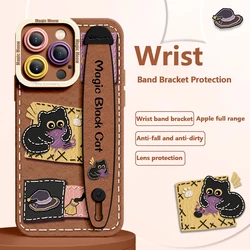 Deluxe Wrist Band Bracket For Iphone 15 14 13 12 11 Pro Max X XR Xs Soft Silicone Cell Phone Case Magic Black Cat