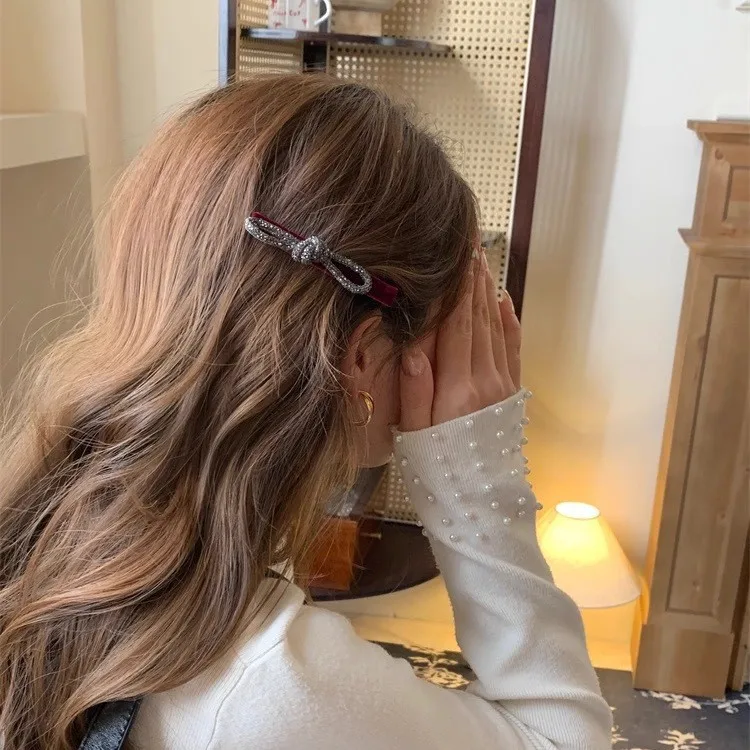 Hair Clip Rhinestone Bow Velvet Fabric Duckbill Bangs Clip Gentle No Pull Comfortable Lightweight for Daily Home Travel