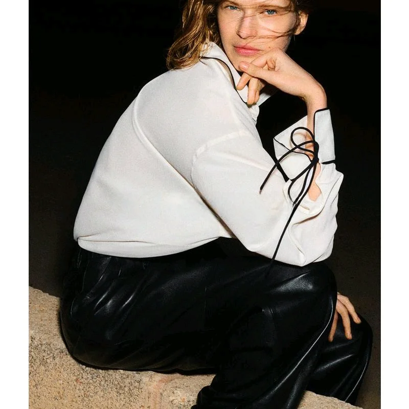 

Spring New Arrival Women's irt Pleated Long Sve Single Row Multi-Bule Loose Color Blo Collar Busin Casual