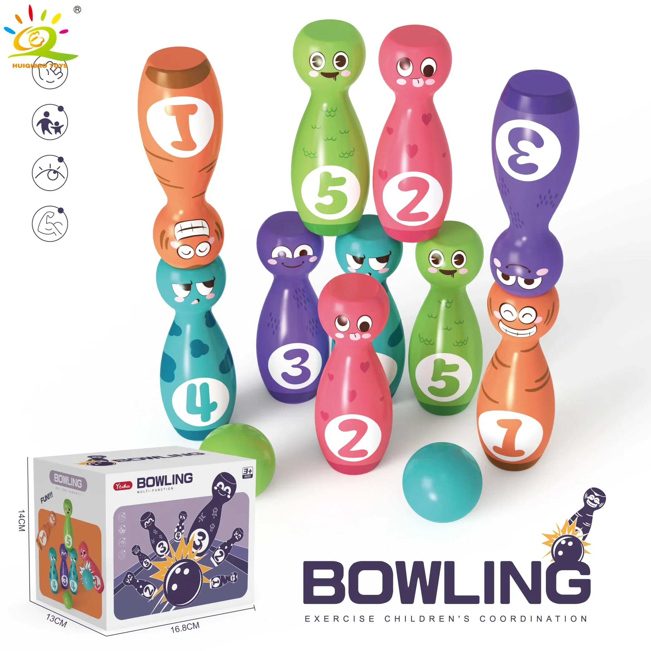 Children's Cartoon Bowling Toy Set With Fun Expressions And Exquisite Pad Printing Outdoor Sports Kids Gift 10 Bottles 2 Balls