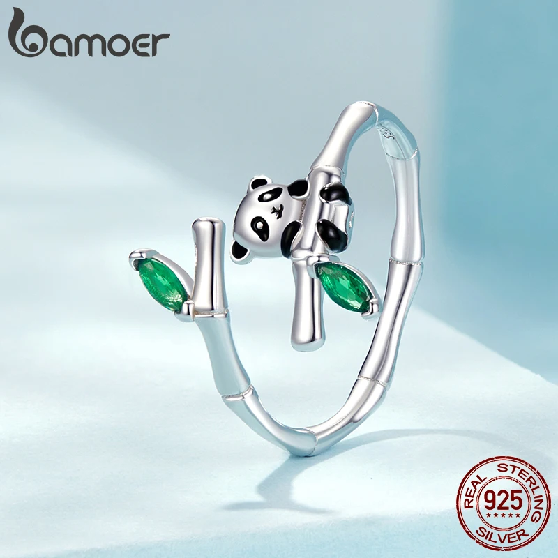 BAMOER Anillo ajustable de plata de ley 925 con forma de animal para mujer, lindo anillo apilable con banda de panda/pájaro/flor, anillo apilable CZ