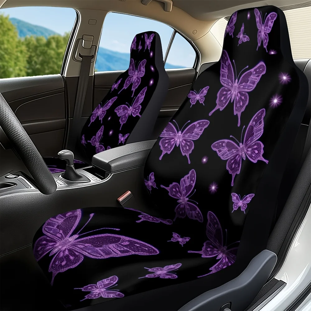 

2pcs Purple Glitter Butterfly Car Seat Covers - Elegant & Purple Design, Durable Soft Polyester, Perfect Fit For Single Front Se