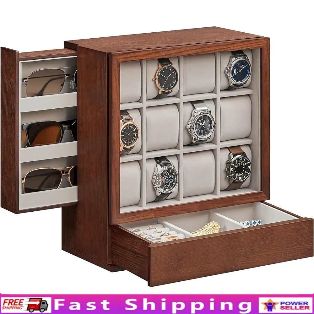 

12 Slot Wooden Watch Box Display Case Vertical Storage Velvet Lined Jewelry Organizer Watches Rings Bracelets Sunglasses Gifts