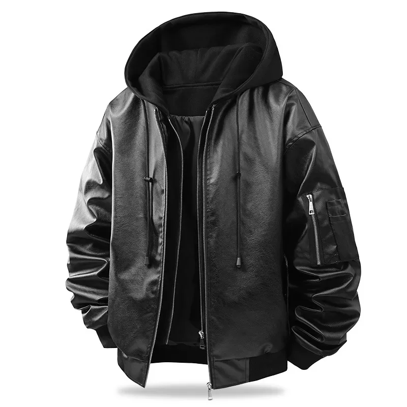 American Retro Fake Two Piece Leather Jacket Men Hooded Faux Leather Coat Loose Bomber Jackets Man Loose Daily Windproof Outwear