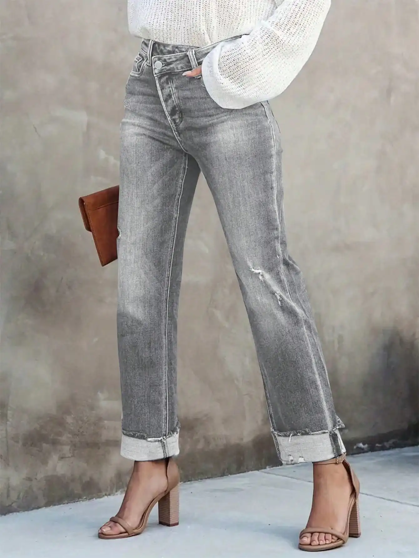 

Distressed Straight Leg Stretch Jeans For Women, Light Washed Ankle-Length Casual Denim