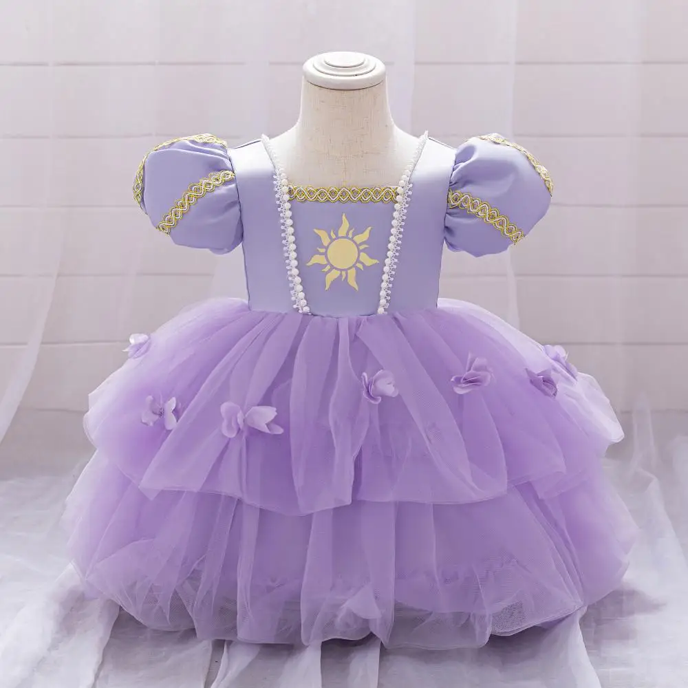 Summer Girls' New Decal Patchwork Bubble Sleeve Mesh Sweet and Cute Dress Kindergarten Graduation Ceremony Evening Dress