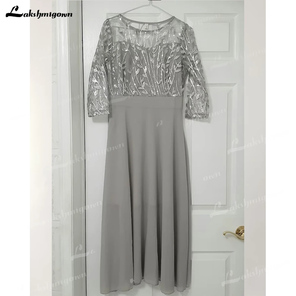 

Grey Mother of the Bride Dress Silver Sequin Formal Vintage Clothing A Line Boat Neck Three Quarter Sleeves Ankle-Length