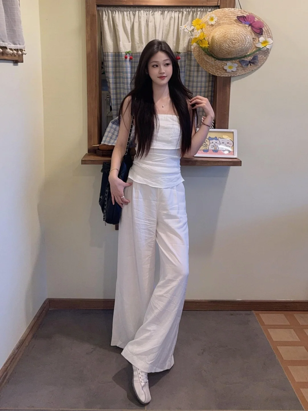 

Minimalist White Slim Fit Tube Top And Wide Leg Pants Women's Summer New Style Drapey Set High Waist Pure Color Commute Style