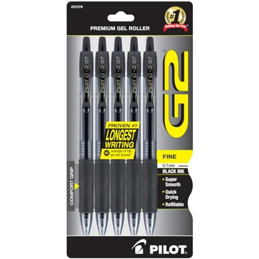 

G2 Pens, Premium Refillable and Retractable Rolling Ball Gel Pens, Fine Point, 0.7mm, Black Ink, 5-Pack