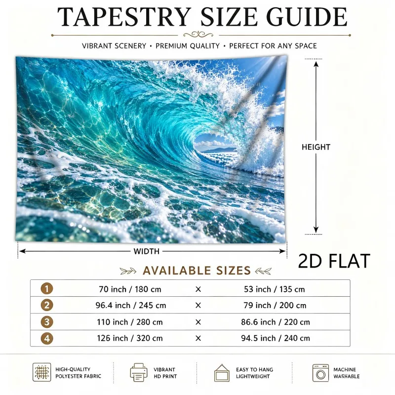 Blue Sea Wave Tapestry Giant Curling Surf Wave Clear Water Foam Sunny Sky Wall Hanging, Surfing Scenery Tapestry Room Backdrop