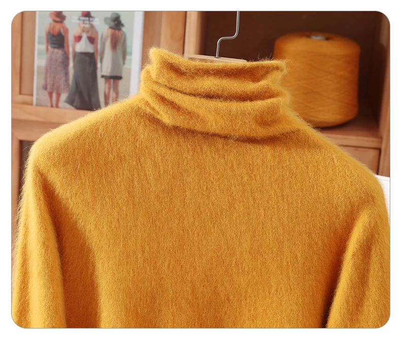 100% Pure Mink Fur Sweater Women's Pullover High Neck Knitted Sweater Autumn Winter New Item Pile Collar Thick Soft Base Sweater