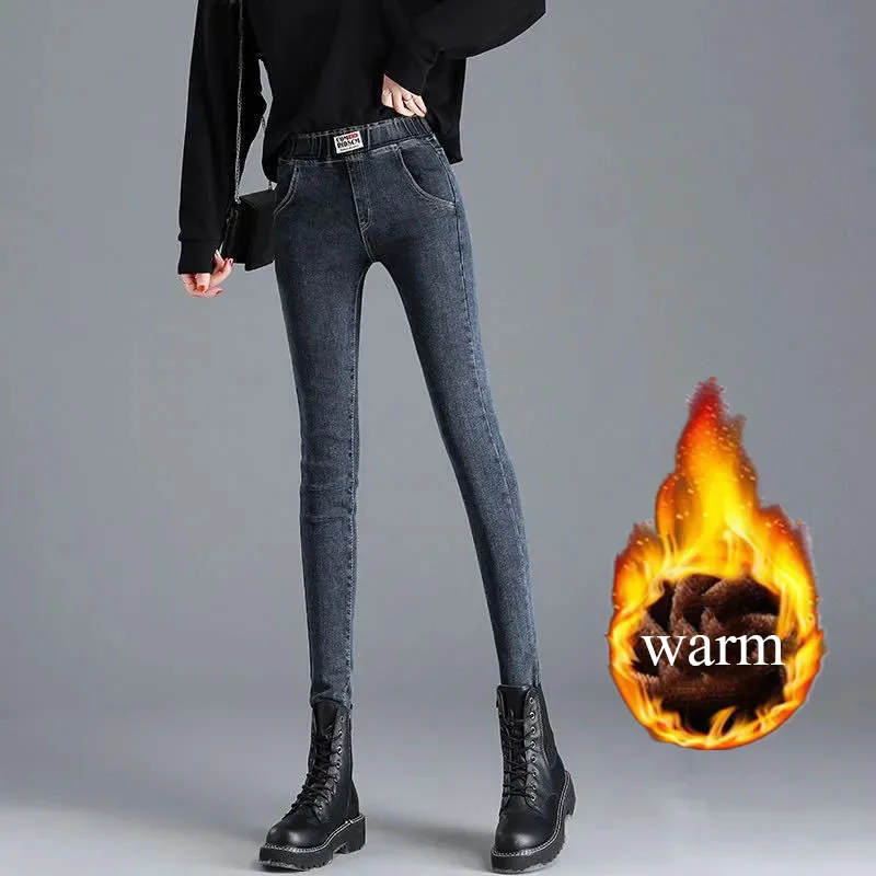 Winter warme dünne Bleistift Jeans Frauen Vintage elastische hohe Taille Samt gefüttert Jeans hose koreanische solide verdicken Stretch Vaqueros