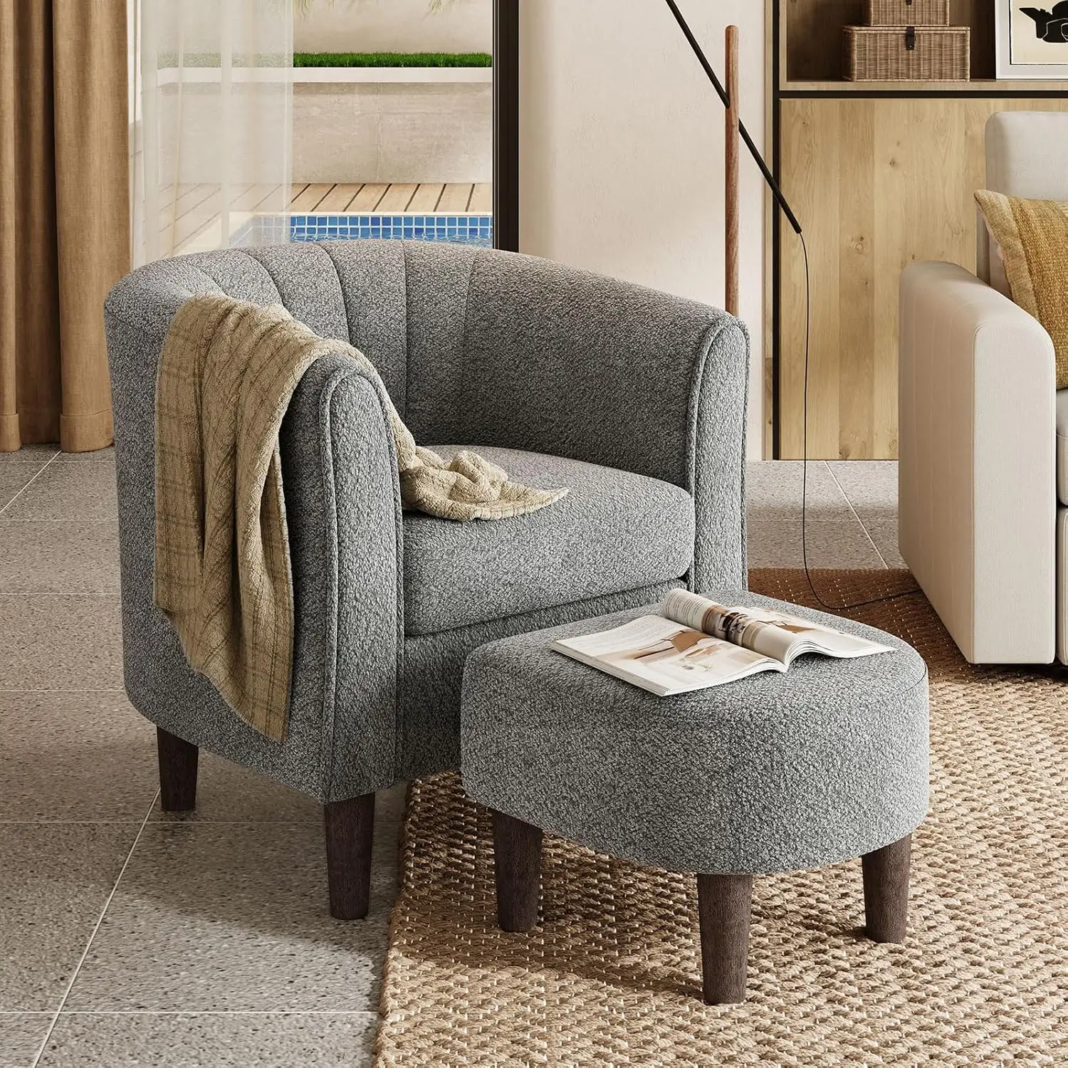 

Accent Chair Ottoman Set: Chenille Barrel Chair with Foot Rest, Mid-Century Modern Small Reading Chair Upholstered Armchair