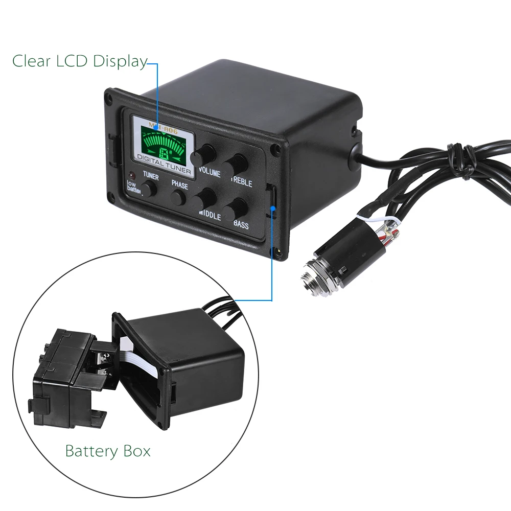 Acoustic Guitar 3-Band EQ Equalizer Tone and Volume Amplifier Preamp Piezo Pickup with Tuner Phase Function LCD Display Unibody