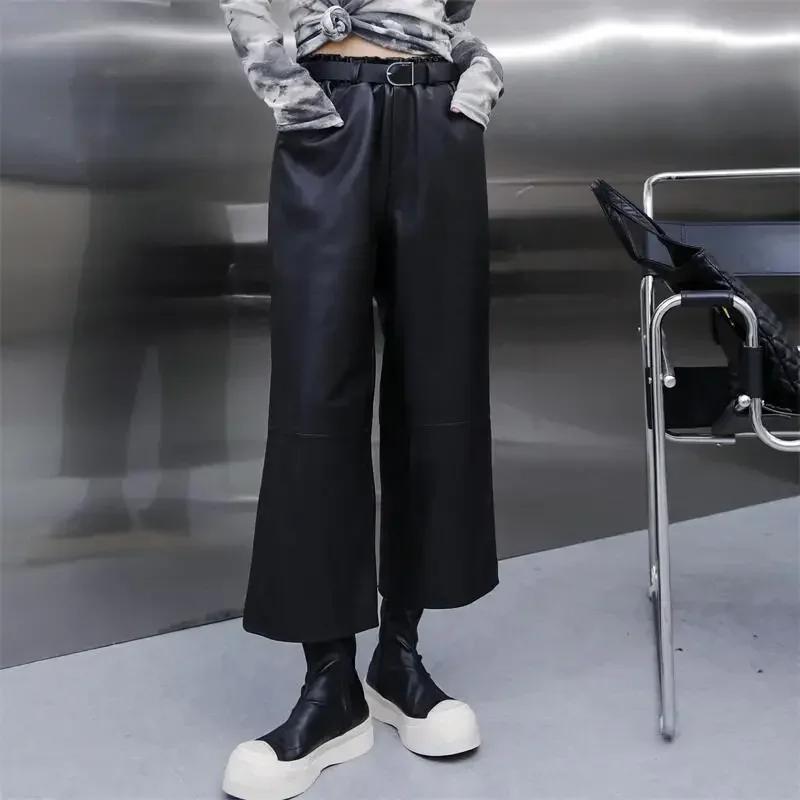 Tajiyane Straight Pants for Women Genuine Sheepskin Leather Pants Women Black Elastic Waist Nine-point Pants Streetwear