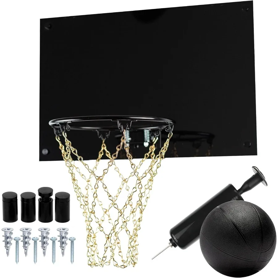 Indoor Wall Mount Mini Basketball Hoop with Metal Chain Net Black Rim Backboard Includes Ball Pump 9-inch Hoop Standoff Screws