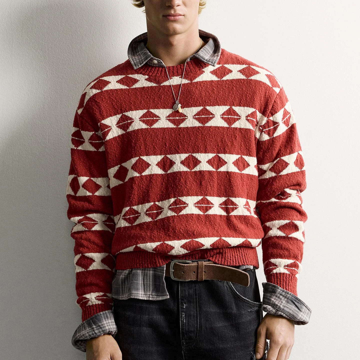 Men's Loose Fit Geometric Pattern Knitted Sweater Autumn Fashion Ensemble Brand Zadata Long Sleeve round Neck Pullover Shirt