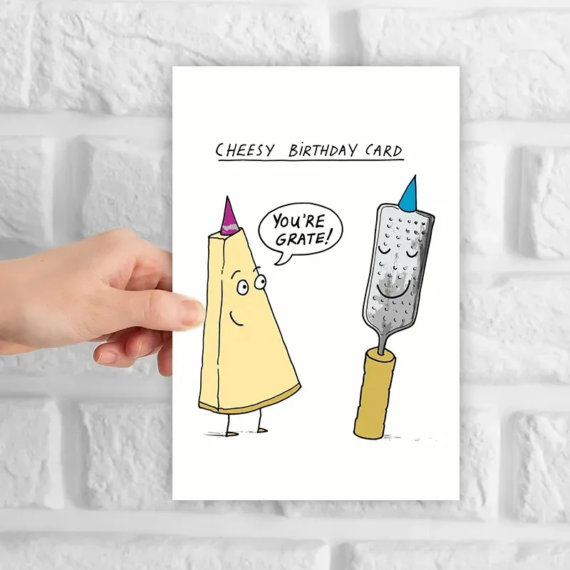 1 pc fun birthday card with a cute comic cheese pattern. The perfect gift for your partner\'s family, colleagues and friends.