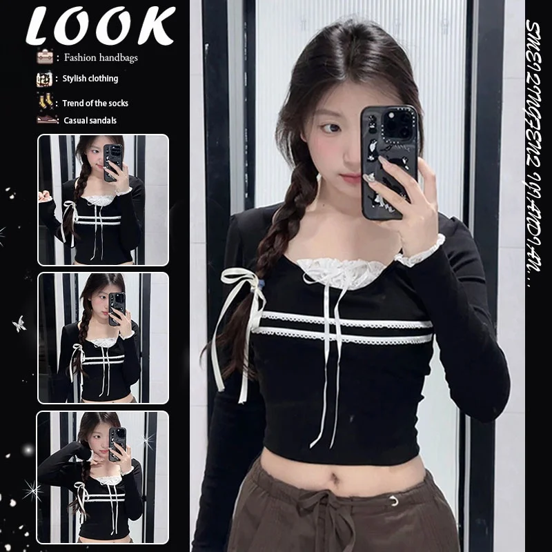 retro-lace-trim-base-layer-shirt-women-pure-desire-stripe-slimming-long-sleeve-base-shirt-versatile-belted-women's-fashion