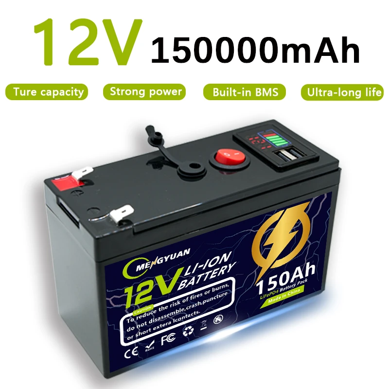 MENGYUAN 12V 150Ah Lithium 18650 Deep Cycle Rechargeable Battery | 3000-7000 Life Cycles & 10-Year lifetime | Built-in BMS