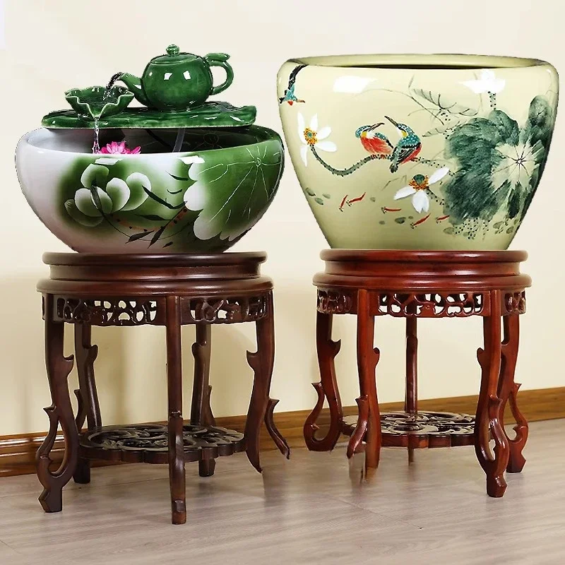 

Solid wood Chinese round fish tank bonsai rack, flower rack, vase rack, wooden water tank special Qishi wine jar bas