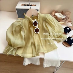 Girls' Spring and Autumn Set 2023 New Children's Fashionable Bubble Sleeve Top and Trouser Fashion Two Piece Set