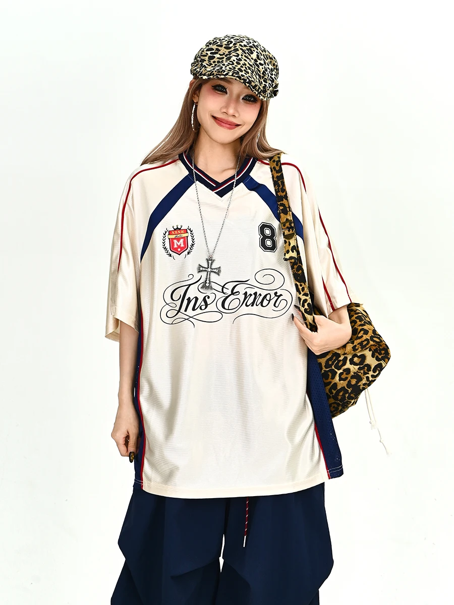 

Новая летняя свободная женская футболка с коротким рукавом в американском ретро-спортивном стиле, универсальный дышащий хлопковый топ с круглым вырезом