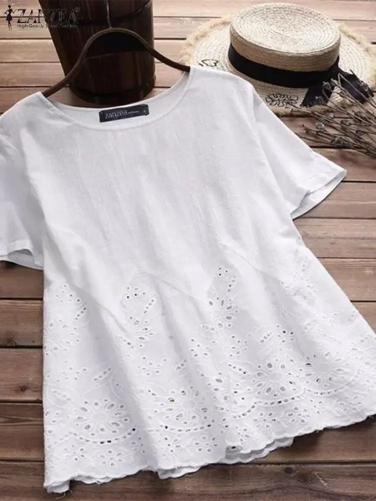 2024 ZANZEA Summer Women Patchwork Tops Bohemain Lace Crochet Blouse Casual O Neck Half Sleeve Work Blusas Femme Holiday Shirt