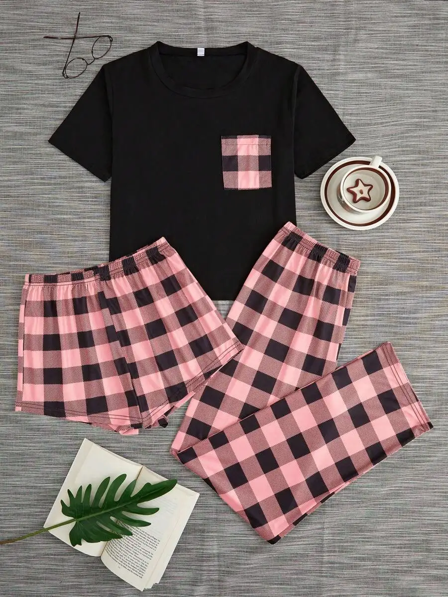 

Womens Plaid Pajama Set With Patchwork Pocket Top And Matching Pants