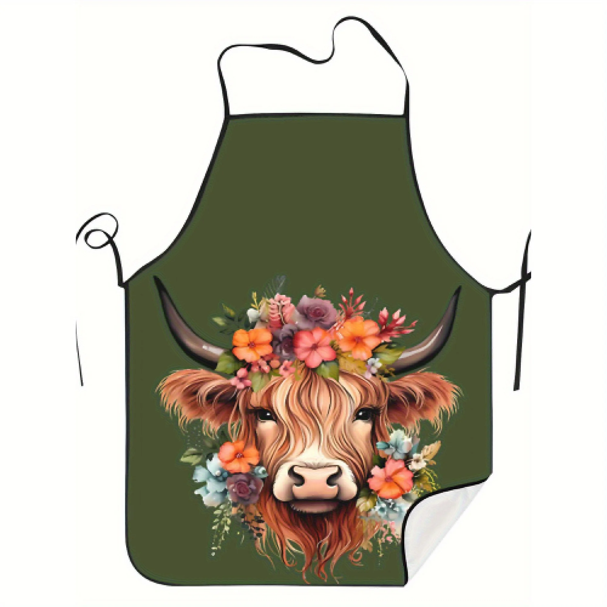 Apron Featuring a Rustic Highland Cow - Bright Floral Pattern, Sturdy Polyester, Easy to Hand-Wash for Both Men And Women - Perf