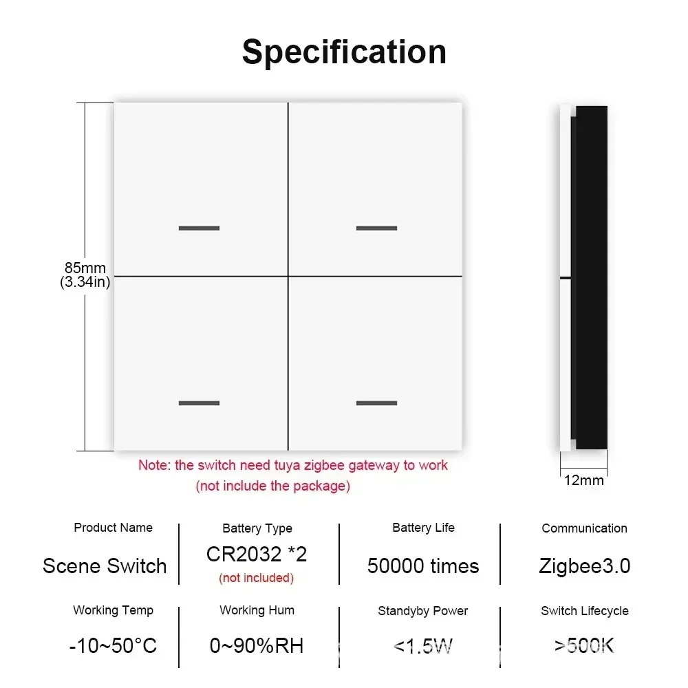 Tuya Smart ZigBee Scene Switch 4 Gang 12 Scenario Switch Pulsante Smart Life Controller Funziona con 2MQTT e ZigBee Gateway