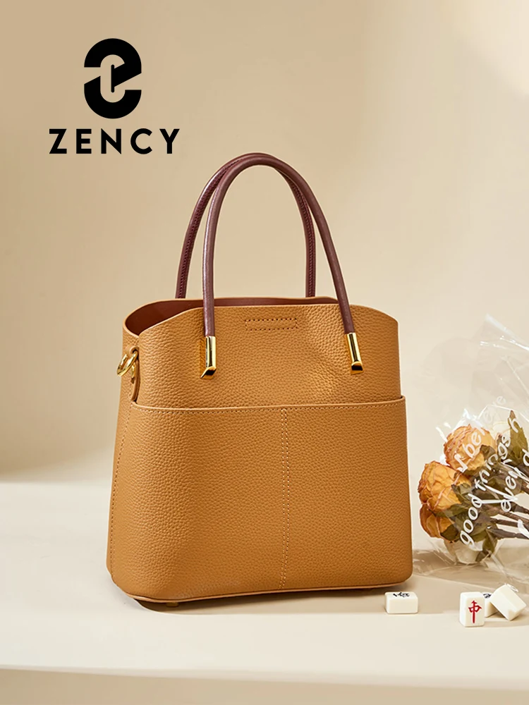 Zency Genuine Leather Bucket Bag for Women Versatile Handbag Leather Tote Bag High Sense Shoulder Crossbody