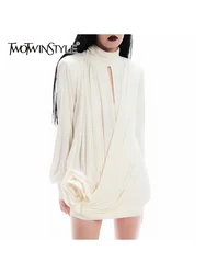 TWOTWINSTYLE Solid Spliced Appliques Dresses For Women Turtleneck Long Sleeve High Waist Hollow Out Temperament Dress Female New