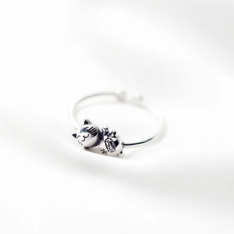 Vintage Thai Silver Cat Sweet 925 Sterling Silver Female Resizable Opening Rings RI1013