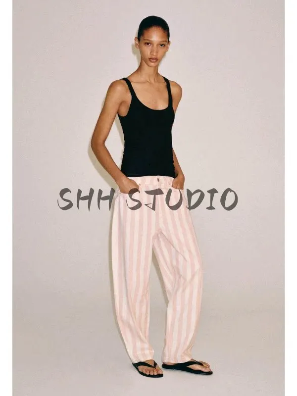 Women's Commuter Style Zipper Stripe Color Block mid Waist Cone Shaped Jeans Casual Summer Fashion Ladies High Waist Jeans