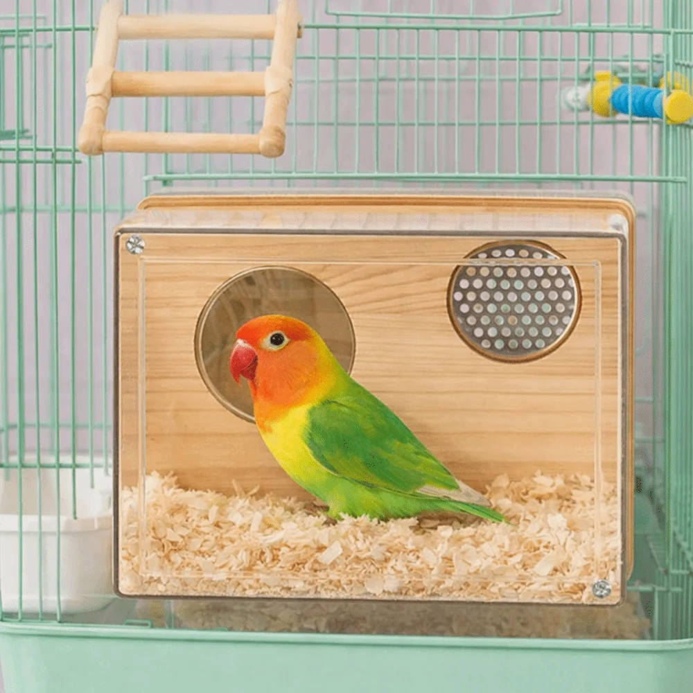 

Transparent Parakeet Nesting Box Breathable Odor Resistant Wooden Bird's Nest Visible with Perch Bird Breeding Box