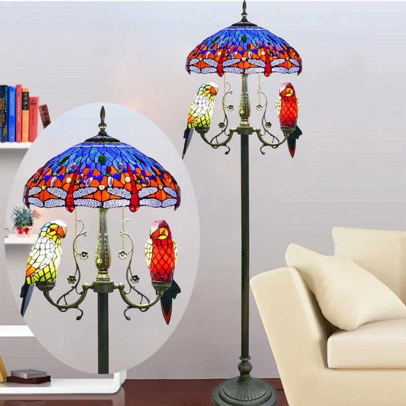 SOURA Tiffany Floor Lamp American Retro Living Room Bedroom Lamp Country  Stained Glass Floor Lamp