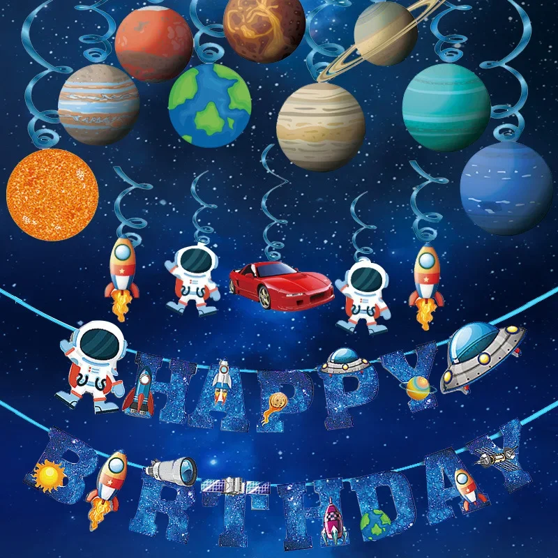 Outer Space Astronaut Theme Party Decoration Spaceman Rocket Banner Spiral Hanger Cake Topper for Kids Boy Birthday Party Decor