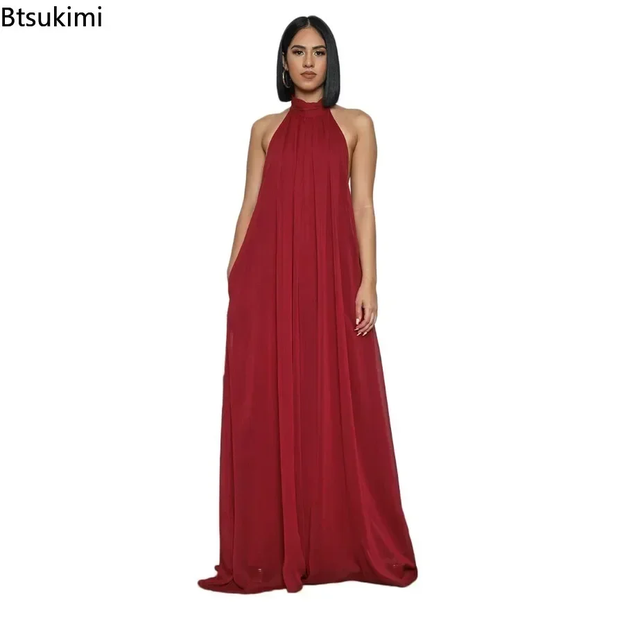 2024 Nowe damskie solidne szyfonowe luźne kombinezony wiązane na szyi Seksowne spodnie z szerokimi nogawkami bez pleców Moda Impreza Elegancka