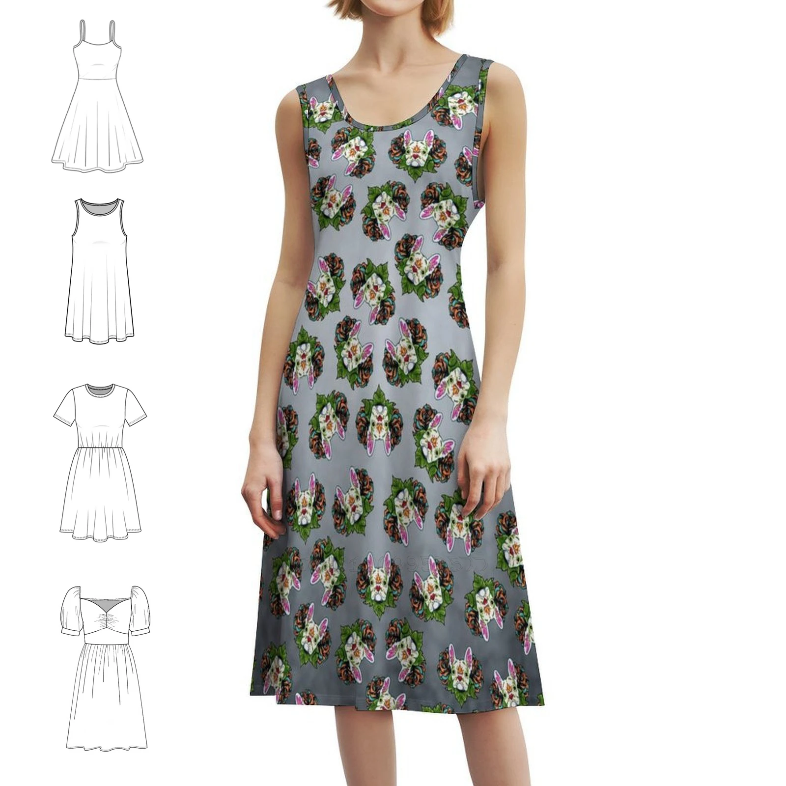 

День мертвых Французский бульдог в белом сахарном черепе Собака Винтажное богемное платье с пышными рукавами или варианты без рукавов для женщин