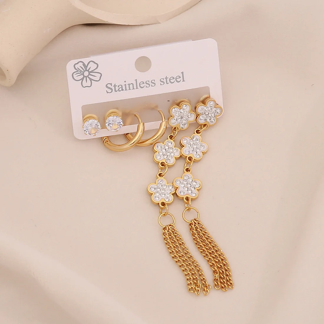 3 Pairs Flower Tassel Stud Earrings, Satisfy Drop Moon Stainless Steel Earrings, Versatile Ear Jewelry