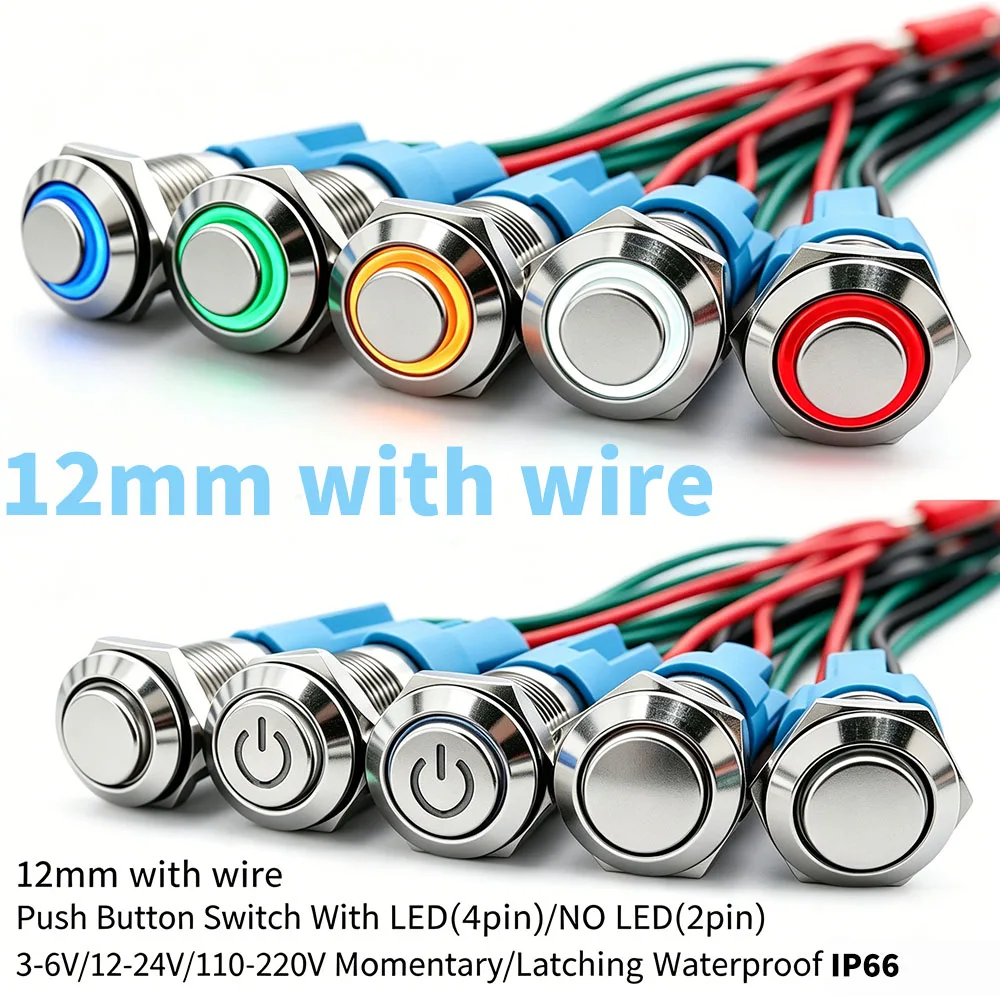 

12mm Waterproof Metal Push Button Switch With Connector With/NO LED Light Car Engine PC Power 3V 12V 24V 220V Momentary Latching